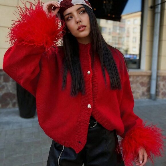 Red Casual Women's Furry Cuffs Metal Button knit sweater cardigan - Picture 3 of 7